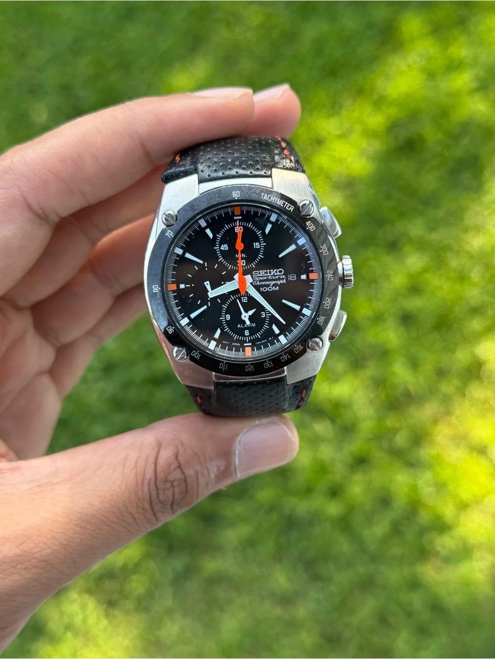 Seiko sportura Black Dial Men's Chronograph Watch with Orange Accents